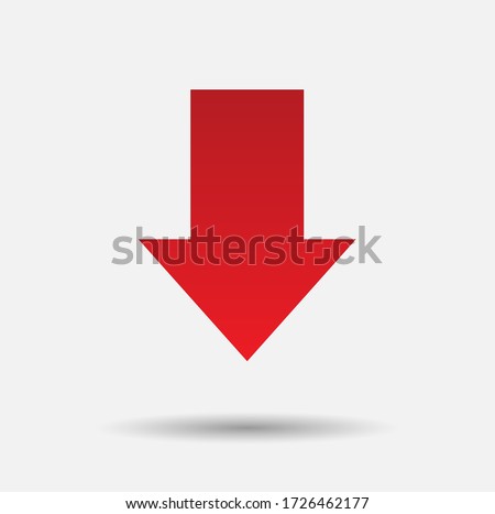 Big red download now button with shadow.red squared arrow down. flat download icons isolated on white. point down button. south sign.