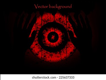 Big red eye under hand and blood drop background