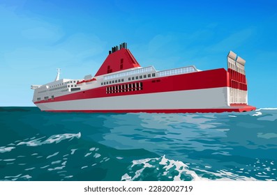 Big red ferry in sea at sunny day