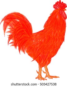 Big red fire rooster symbol of oriental horoscope on white background.