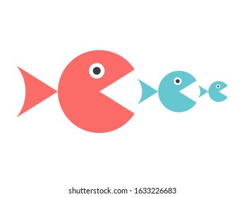Big red fish eating smaller and so on. Merger, competition, food chain, predator and prey, risk and survival concept. Flat design. EPS 8 vector illustration, no transparency, no gradients