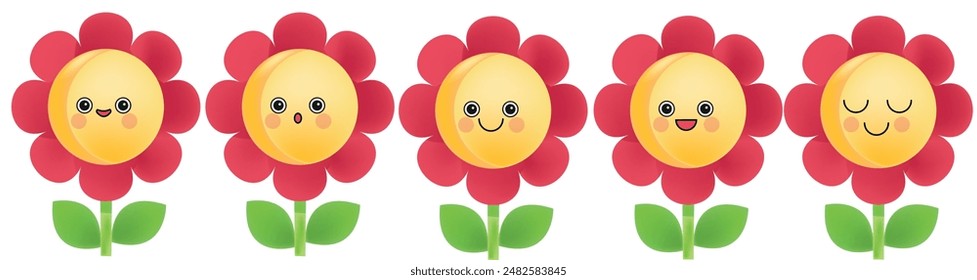 Big red flower happy expressions vector character set 