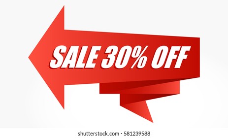 big red folded ribbon with arrow head and shadow effect for sale thirty percent off logo vector