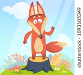 Big Red Fox tail angrily funny cartoon style stand upright at tree stump in green grass background, vector illustration