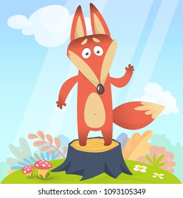 Big Red Fox tail angrily funny cartoon style stand upright at tree stump in green grass background, vector illustration