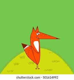 Big Red Fox tail angrily funny cartoon style stand upright at grass green background, vector illustration svg