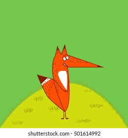 Big Red Fox tail angrily funny cartoon style stand upright at grass green background, vector illustration