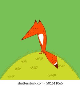 Big Red Fox tail cute funny cartoon style thoughtfully to sleep sitting on the grass green background, vector illustration svg