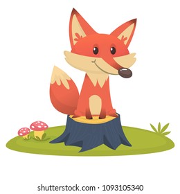 Big Red Fox tail funny cartoon style sits on tree stump in green grass background, vector illustration