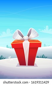 big red gift box with ribbon bow at winter snow nature outside forest or park background , vertical poster greeting card event design , vector illustration