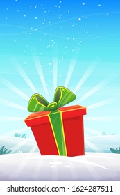 big red gift box with ribbon bow at winter snow nature outside forest or park background , vertical poster greeting card event design , vector illustration