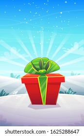 big red gift box with ribbon bow at winter snow nature outside forest or park background , vertical poster greeting card event design , vector illustration