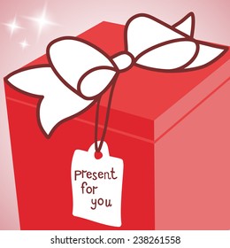 Big red gift box with ribbon bow and label. Vector present illustration.