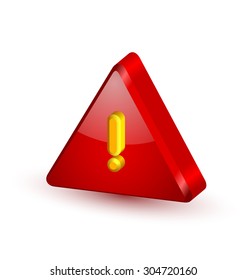Big red and glossy security alert triangle symbol with yellow exclamation mark on white background