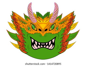 Big red green Chinese dragon head on a white background. Dragon with two pairs of eyes, horns and white teeth.