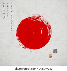 Big red grunge circle on old vintage background. Sealed with decorative stamps. Stylized symbol of Japan. Vector illustration.