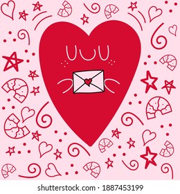 Big red hand drawn heart for Valentines day holiday with lovely envelope in hands, doodles and smile.