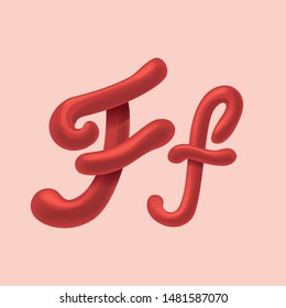 Big red hand drown glossy letter F. Alphabet for invitation card
