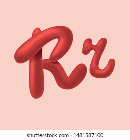 Big red hand drown glossy letter R. Alphabet for invitation card and events