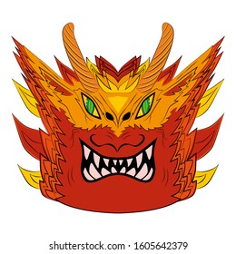 The big red head of the Chinese dragon on a white background. Dragon with two pairs of eyes, horns and white teeth.