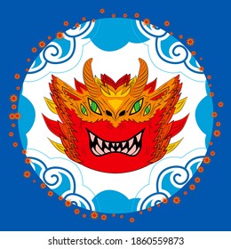 The big red head of the Chinese dragon in the sky. Dragon with two pairs of eyes, horns and white teeth.