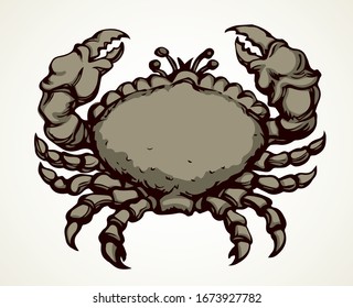 Big red healthy decapod crawl on light sand. Freehand outline black ink hand drawn health cook lobster emblem design in retro art doodle engrave print style pen on paper text space. Closeup top view