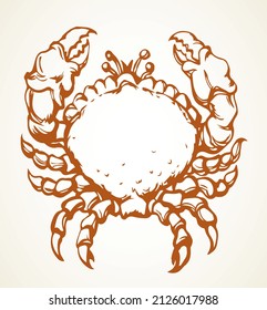 Big red healthy decapod crawl on light sand. Freehand outline black ink hand drawn health cook lobster emblem design in retro art doodle engrave print style pen on paper text space. Closeup top view