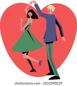 big red heart and couple dance retro, vintage, valentise day, date