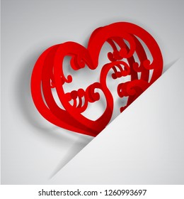 Big red heart with curls inserted into a cutout in a sheet of white paper