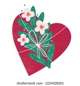 Gran corazón rojo decorado con flores y un arco. Símbolo romántico de amor aislado en un fondo blanco. Día de San Valentín. Ilustración vectorial dibujada a mano para afiches, postales, banner, pegatina, icono