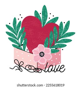 Gran corazón rojo con flores en una caja de regalo. Día de San Valentín. Símbolo romántico de declaración de amor aislado en un fondo blanco. Ilustración vectorial dibujada a mano para afiches, banner, pegatina