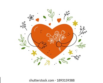 Big Red Heart With Flowers In Hands. Self Or Body Care, Love. Romance Greeting Card With Cartoon Character, Leaves, Doodle Style Elements. Happy Valentine Or Mothers Day Postcard. Vector Illustration