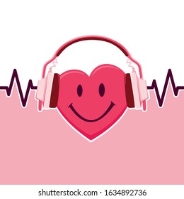 Big red heart in the form of a smiley in the headphones. White-pink background.