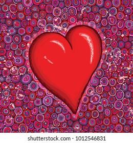 Big red heart, hand drawn vector illustration. On the love background texture. Greeting card 