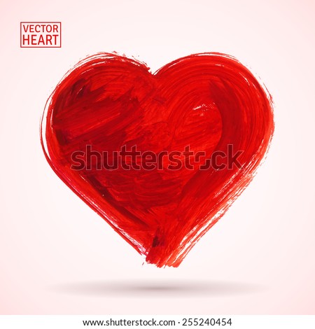 Big red heart. Hand drawn in half-dry technique with red paint. Rough texture. Shadowed. Isolated. Vector illustration for your design.