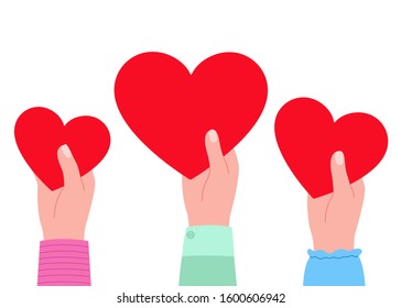 Big red heart in hands of people. Gift, charity. Heart as symbol of love, appreciation, respect, care. Vector illustration on white background