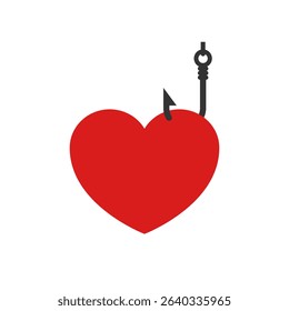 A big red heart hangs on a hook. Fishing hook with heart shaped bait. Vector clipart and drawing. Isolated illustration on white background.