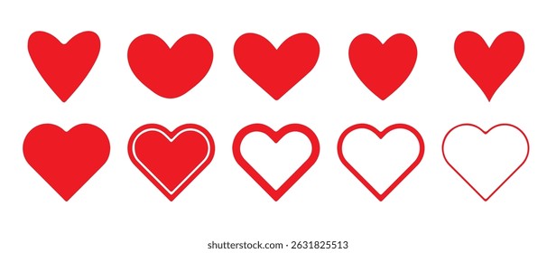 Big red heart icon set. Heart icon. Different simple vector hearts and love. Outline web icon buttons. Love sign in flat style. vector illustration