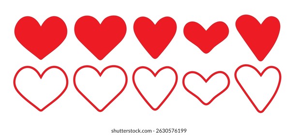 Big Red heart icons set vector.  line icon, love, romance or valentine's day red heart. Heart vector icons. Artistic red heart love symbols isolated editable vector eps 10