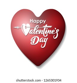 Big red heart isolated on a white background with congratulations on Valentine s Day, instead of the first letter a heart pierced by an arrow