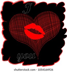 Big red heart made from lines with kiss.Lipstic.I love you.Valentine day.Romantic.