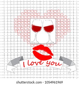 Big red heart made from stars with glasses of red wine and kiss. Lipstick. Toasting. Wedding.