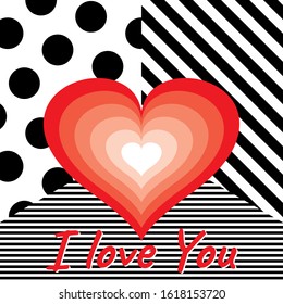 Big red heart on striped and dots pattern vector