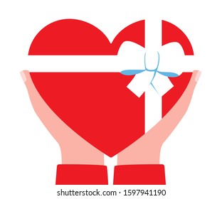 Big red heart with ribbon and bow in hands of man. Gift, charity. Heart as symbol of love, appreciation, respect, care. Vector illustration on white background