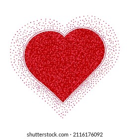 Big red heart shape made of small dots on white background. Design element, backdrop, frame, border, greeting card. Valentine's day, declaration of love, wedding. Free spase for text. 
