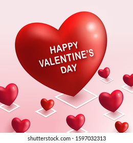 Gran forma de corazón rojo y muchos pequeños corazones colocados en el suelo rosado como pin localista con texto del Feliz Día de San Valentín. Ilustración vectorial de profundidad 3D. Evento de amor y tema de boda romántica.