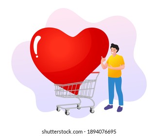 big red heart in a shopping cart and man. Valentine's Day, buying love concept
