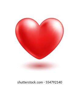 Big red heart with soft shadow. Love symbol. Realistic design. Isolated element on white background. Vector illustration.