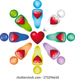 Big red heart surrounded by colorful figures.