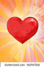 A big red heart symbol in low poly style on fantastic graphic background